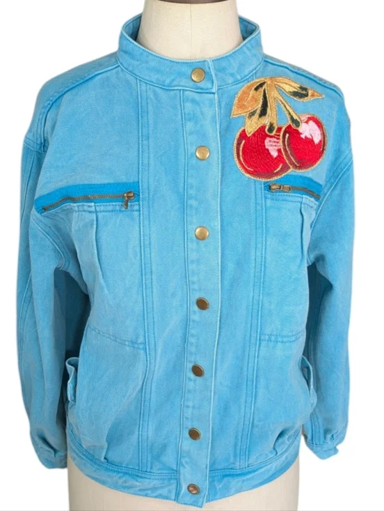 ELF SACK Turquoise Cotton Denim Jacket With Embroidered Cherries. Medium. - Picture 3 of 16